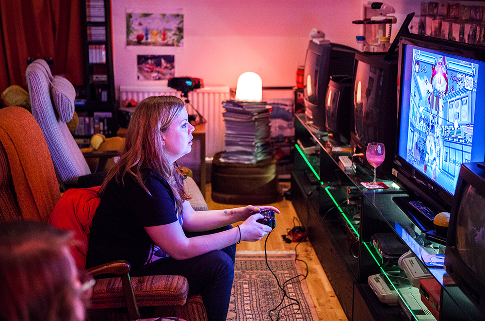 Becki playing Gitaroo Man on Playstation 2