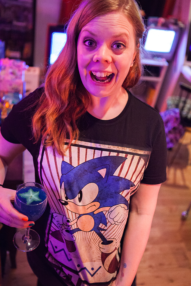 Becki with her Sonic drink and Sonic T-Shirt